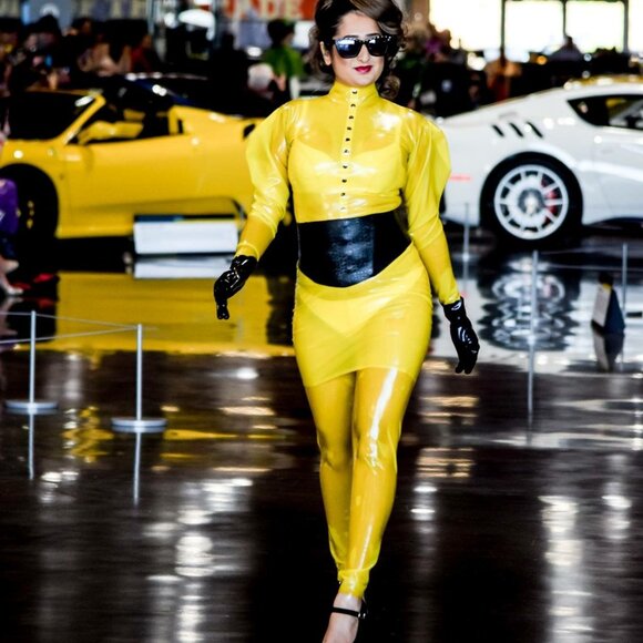 REAL LATEX - DAWNAMATRIX Trans Yellow 3 Piece Set Jumpsuit Sz M - Picture 1 of 10